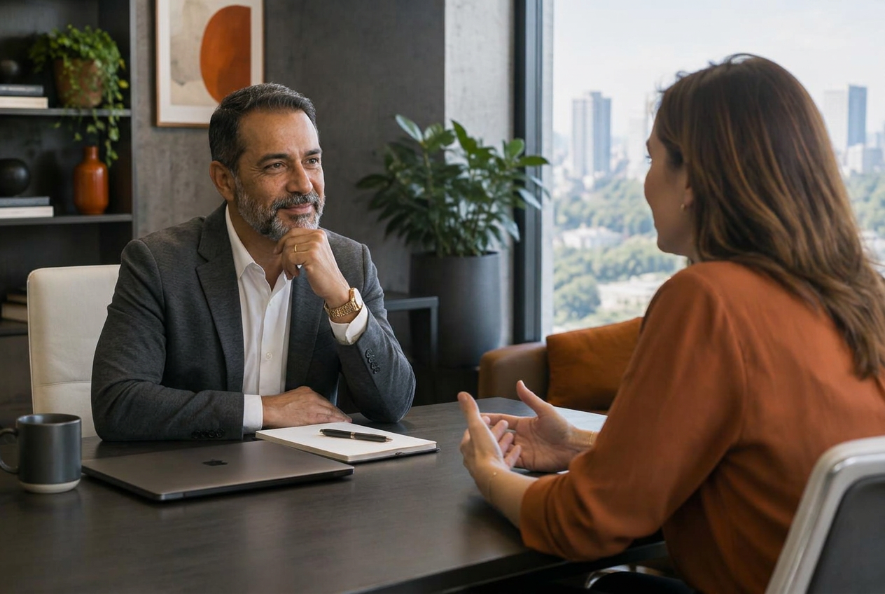 Conversa individual de mentoria ao vivo sobre liderança comercial