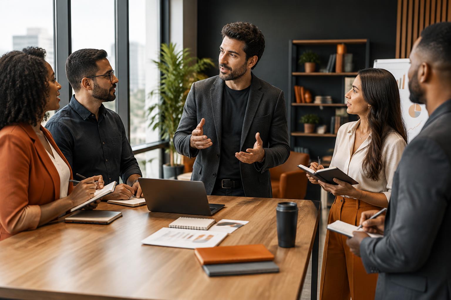 Líder comercial conduzindo uma conversa produtiva com sua equipe